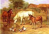 Ponies, Donkey and Ducks in a Farmyard